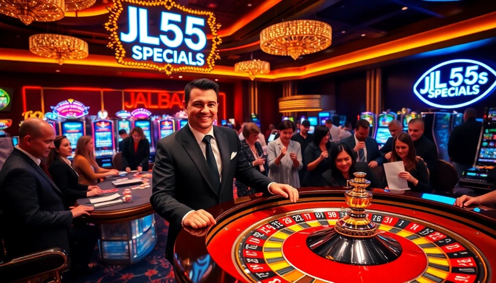 Experience thrilling casino action at JL55 with vibrant roulette tables and excited players.