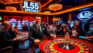 Experience thrilling casino action at JL55 with vibrant roulette tables and excited players.
