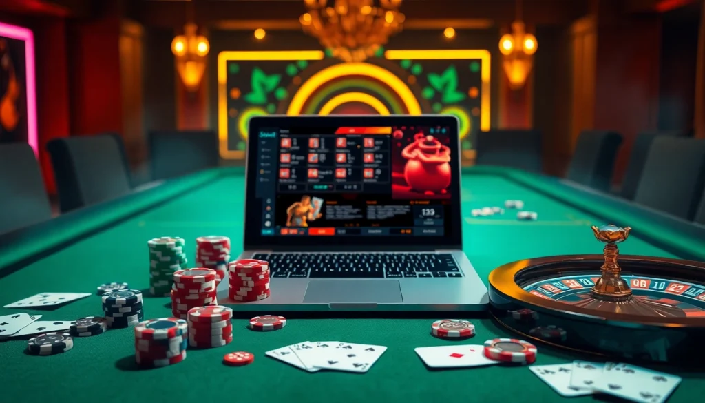 Sbobet gaming interface on an elegant casino table with poker chips and roulette wheel