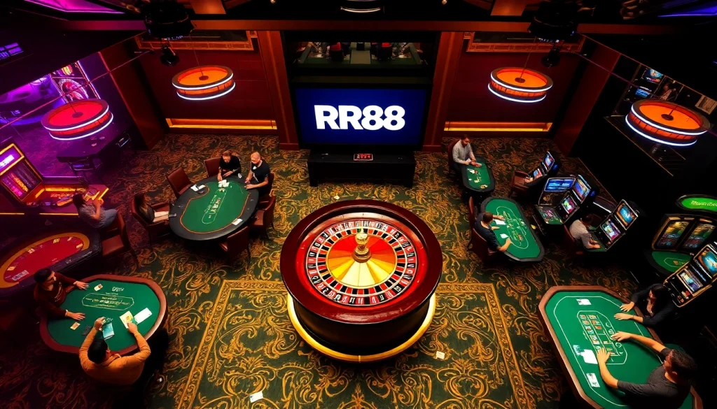 Engaging players at RR88's vibrant casino, filled with roulette, poker tables, and neon lights.