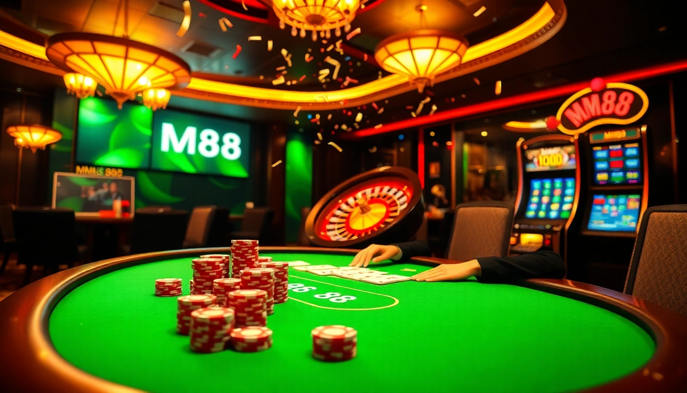 Engage with the thrilling MM88 casino experience featuring players at a vibrant poker table.