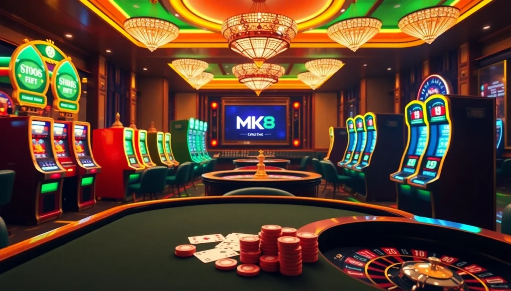 Experience thrilling online gambling with MK8 featuring poker tables and roulette wheels.
