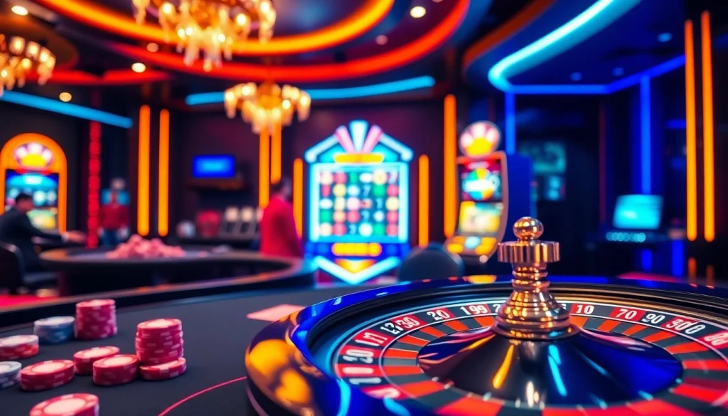 Experience thrilling S8 casino gameplay with vibrant chips, modern tables, and a roulette wheel.