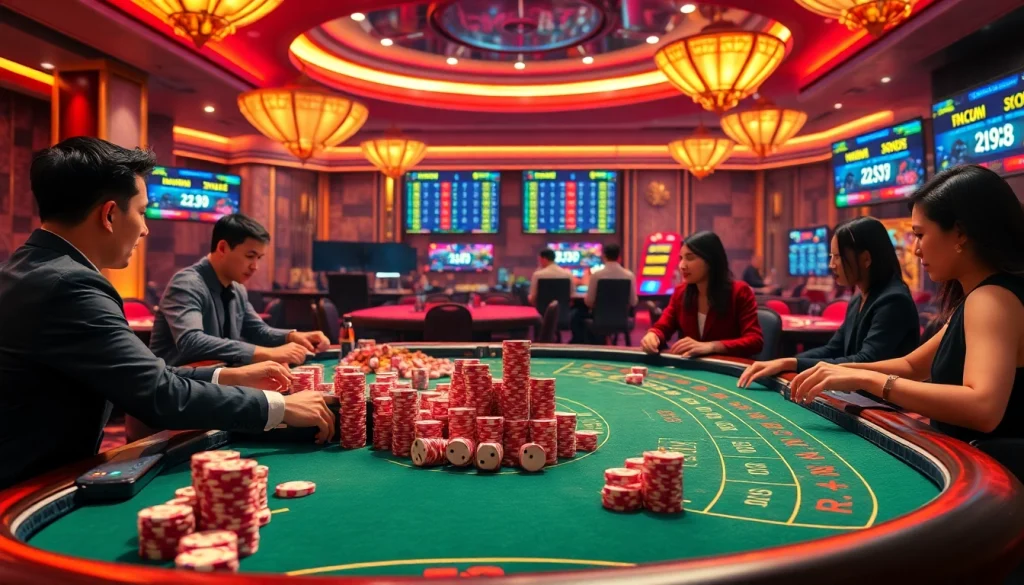 Xóc đĩa online players enjoying a thrilling casino atmosphere filled with vibrant chips and immersive gaming.