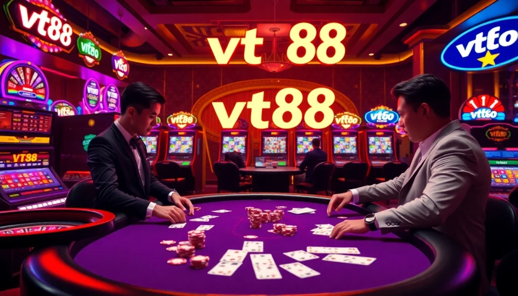 Players enjoying a high-stakes game at a luxurious vt88 casino table with vibrant chips and cards.