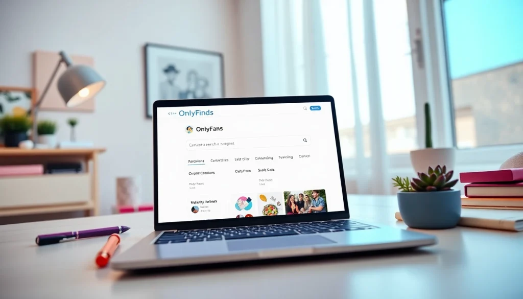 OnlyFans Search engine interface displayed on a sleek laptop in a modern workspace.