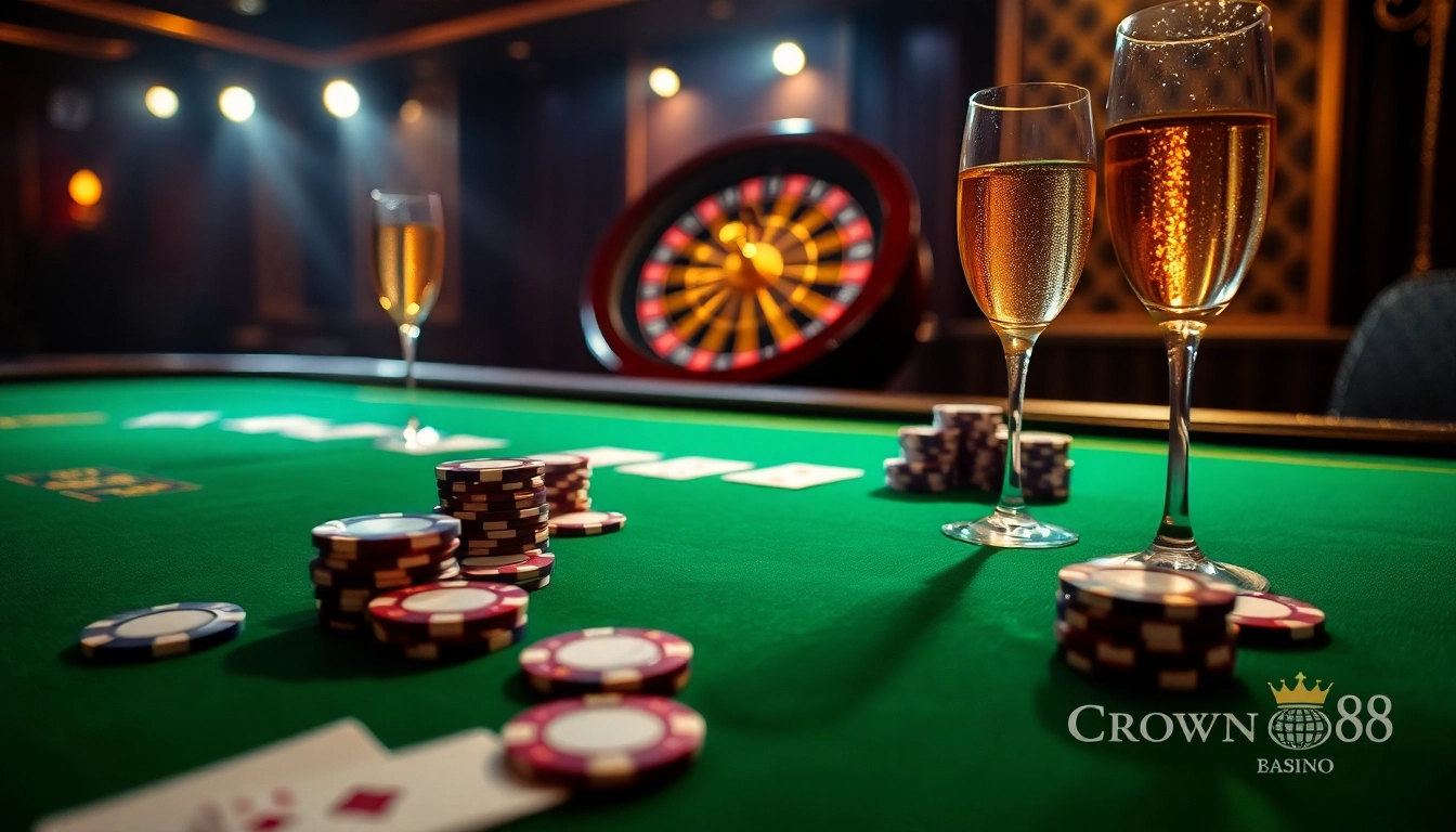 Experience Crown88's exciting gaming atmosphere with poker chips and roulette wheel.