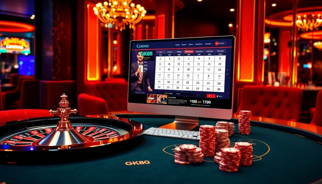 Experience the excitement of GK88 at a luxury casino setting with poker chips, a roulette wheel, and an online interface.