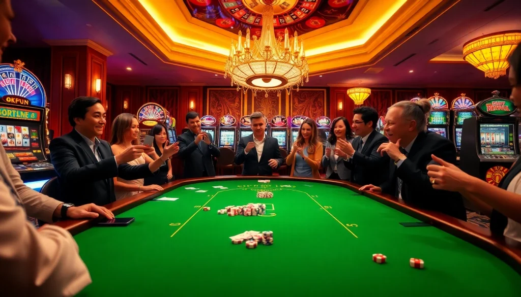 Engaged players enjoying poker at a luxurious casino, embodying the excitement of OKFUN.