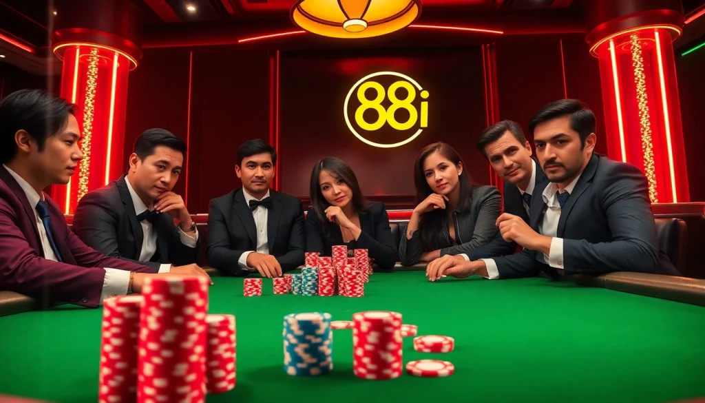 Players enjoying an intense poker game at 88i, showcasing excitement and strategy in a luxurious casino environment.