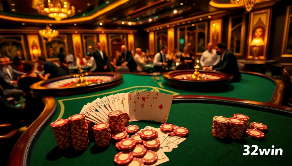 High-stakes poker action at the luxurious 32win casino featuring vibrant tables and excited players.