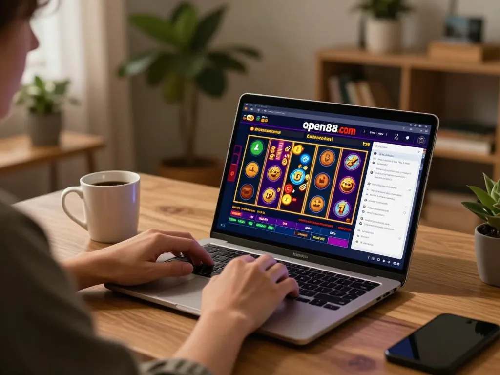 Engaging with the open88.com casino app on a laptop during an exciting slot game.