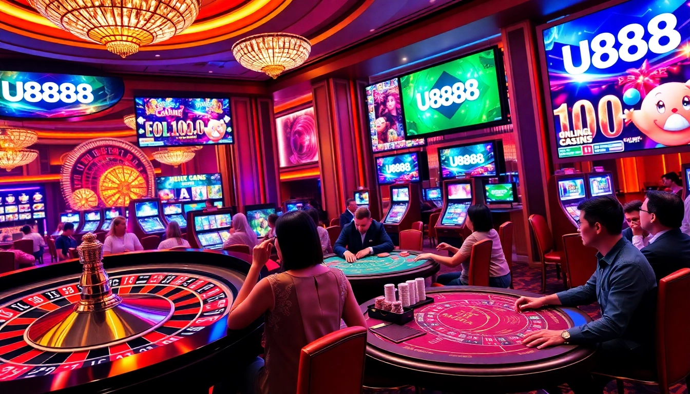 Experience thrilling gaming action at U888's vibrant casino scene with roulette and poker.