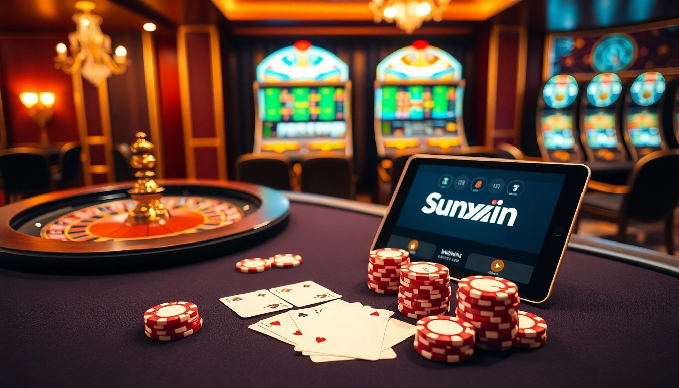 Experience the excitement of sunwin casino with vibrant tables, poker chips, and illuminated slot machines.