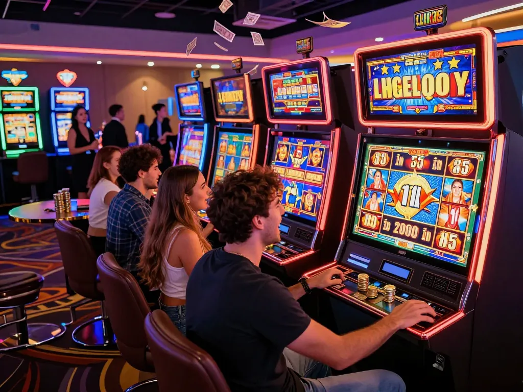 Suasana menarik pemain merayakan kemenangan besar di mesin link slot di kasino yang semarak.