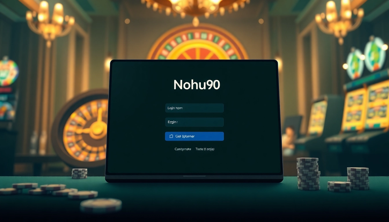 Login interface for nohu90 đăng nhập with engaging casino elements like roulette, slots, and chips.