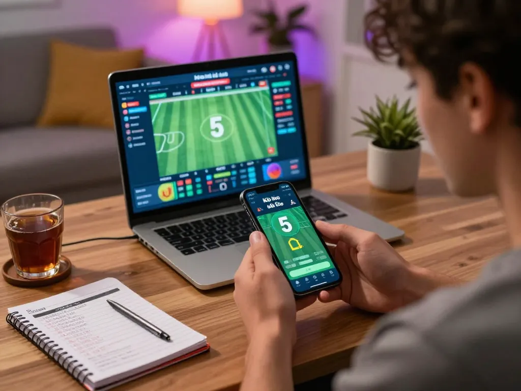 Engaging with Kèo nhà cái 5 on a smartphone while planning bets in a cozy home setting.