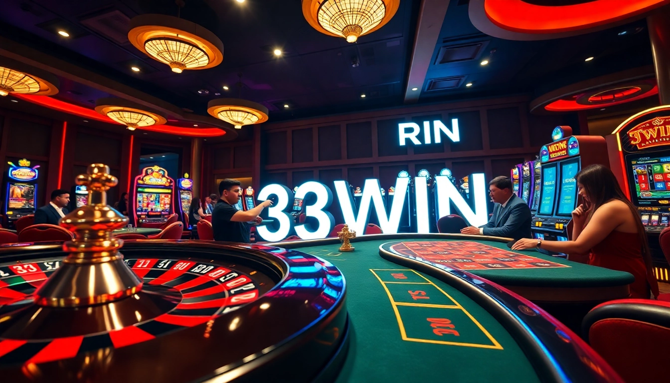 Experience the thrill of gambling at 33WIN's luxurious casino with roulette and slot machines.