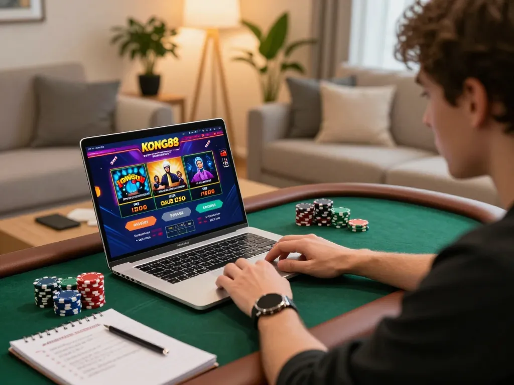 KONG88 player enjoying online casino experience with vibrant game interface and strategic notes.