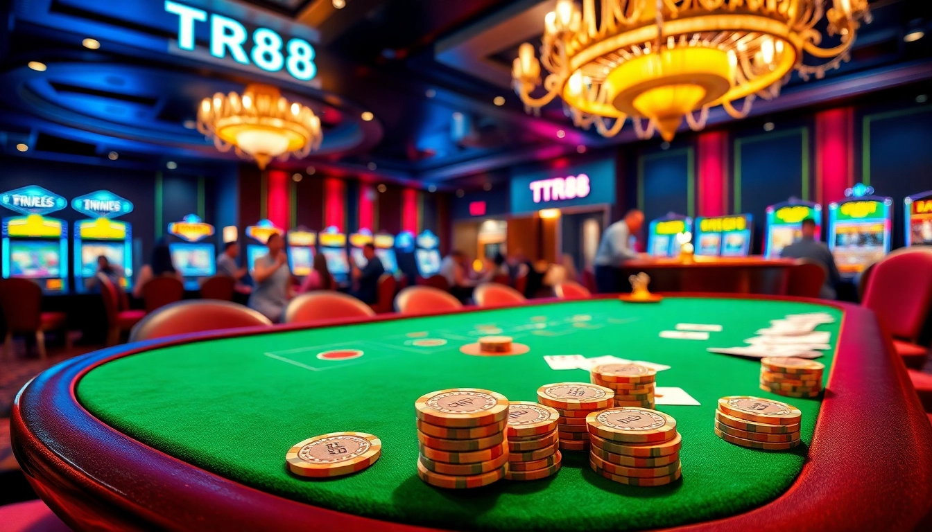 TR88 casino scene showcasing vibrant tables, chips, and spinning roulette for an exciting gambling experience.