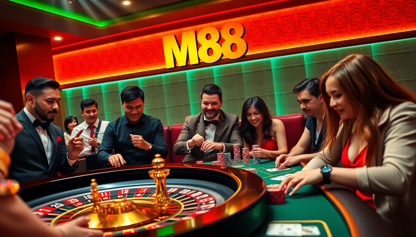 M88 players enjoying a lavish casino experience with roulette and poker games.