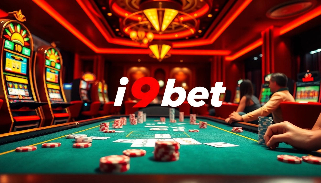 Experience the thrill of i9bet with a vibrant casino scene featuring tables, chips, and games.