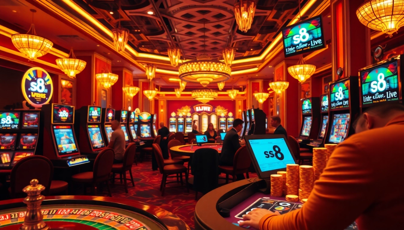 S8 live gaming experience in a luxurious casino with active players and vibrant slot machines.
