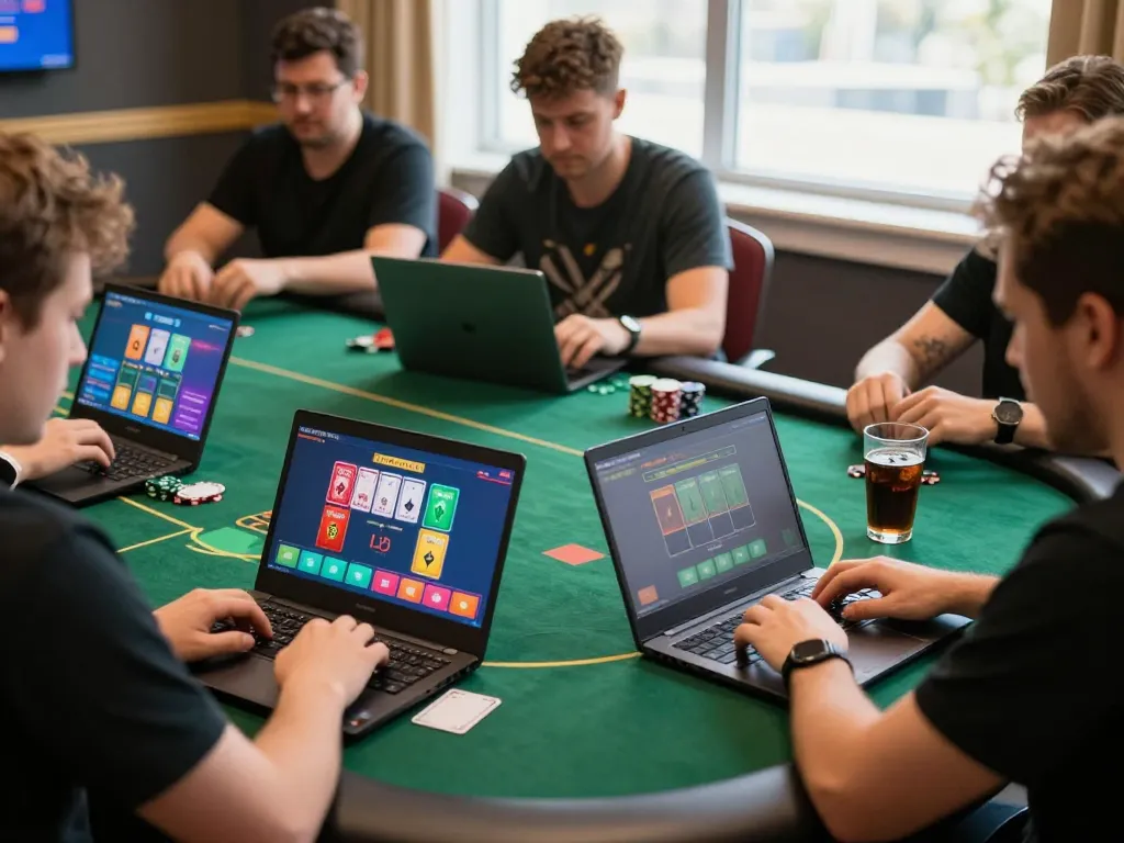 Engaging online poker gameplay showcasing MM99 Đăng Nhập, players focused on their screens in a cozy setting.