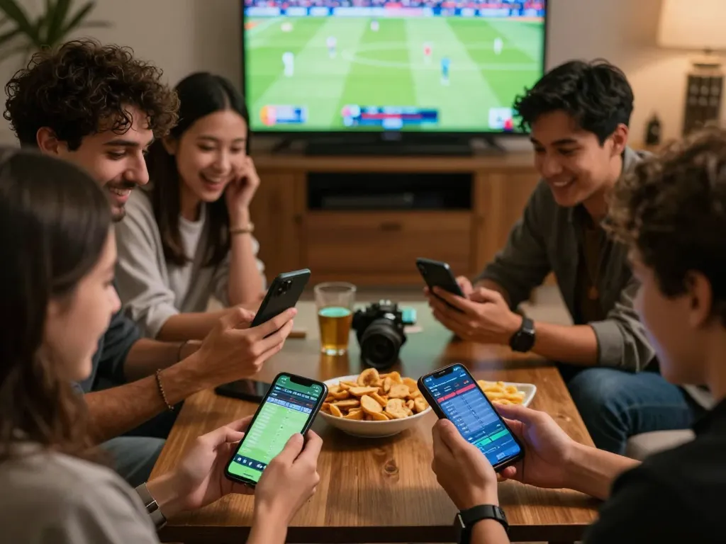 LIGA2000 sports betting scene with friends analyzing odds on smartphones and enjoying live action