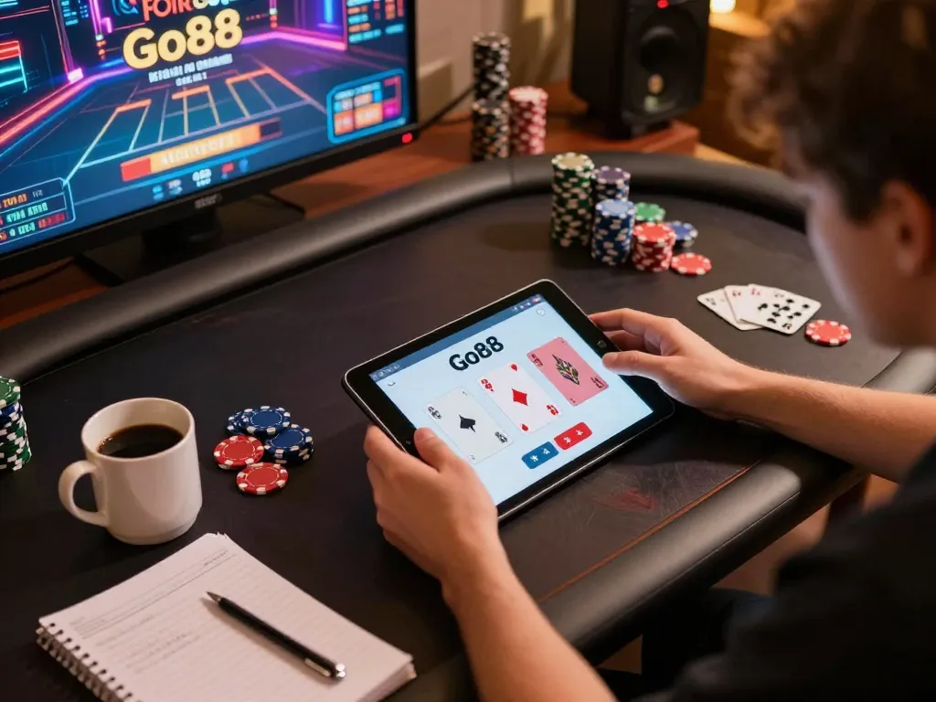 Engaging online gaming session on Go88 with a cozy atmosphere and poker strategy notes