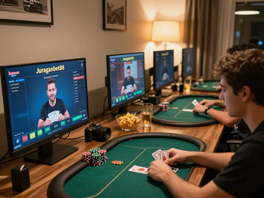 Engaging gameplay on Juraganbet88 during an online poker night with friends in a cozy setting.
