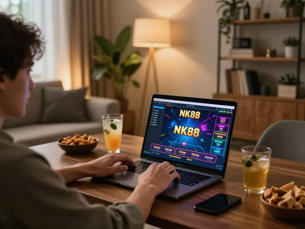 Player engaging with NK88 casino games on a laptop, cozy home gaming atmosphere