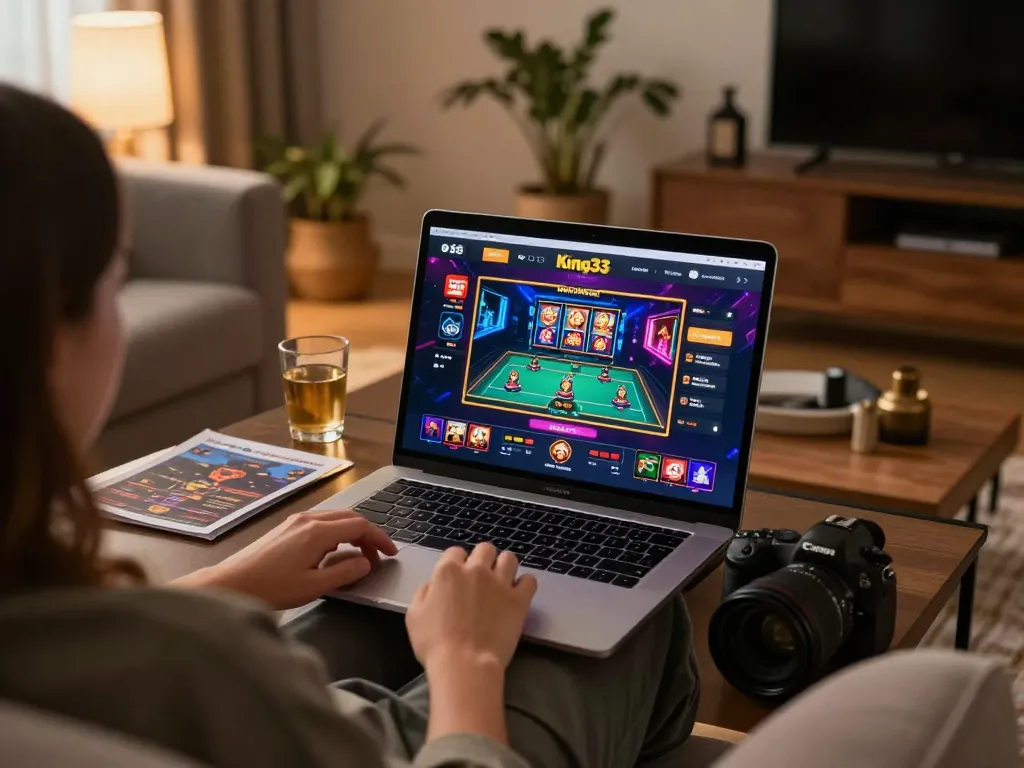 Engaging gaming on King33 platform with cozy home atmosphere and strategic betting notes.