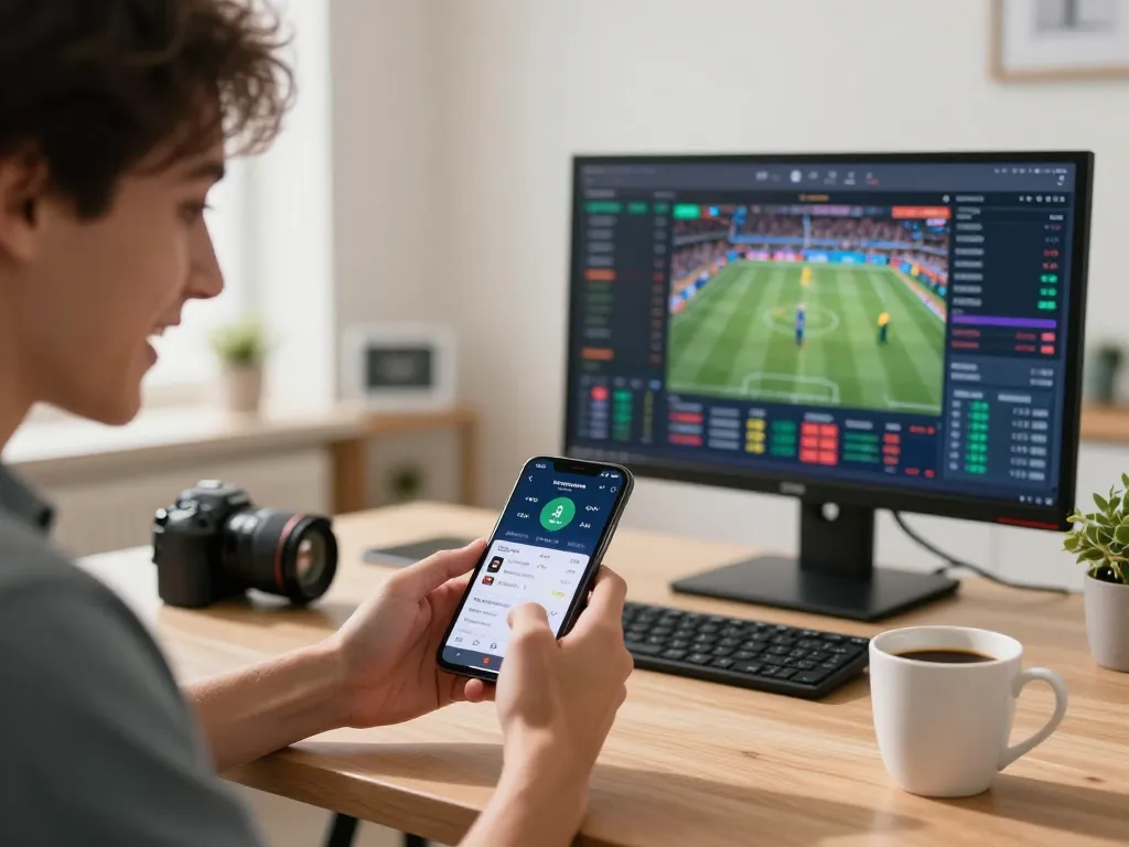 Household sports betting with smartphone app at home, showcasing nhà cái 8xbet for strategic wagering.