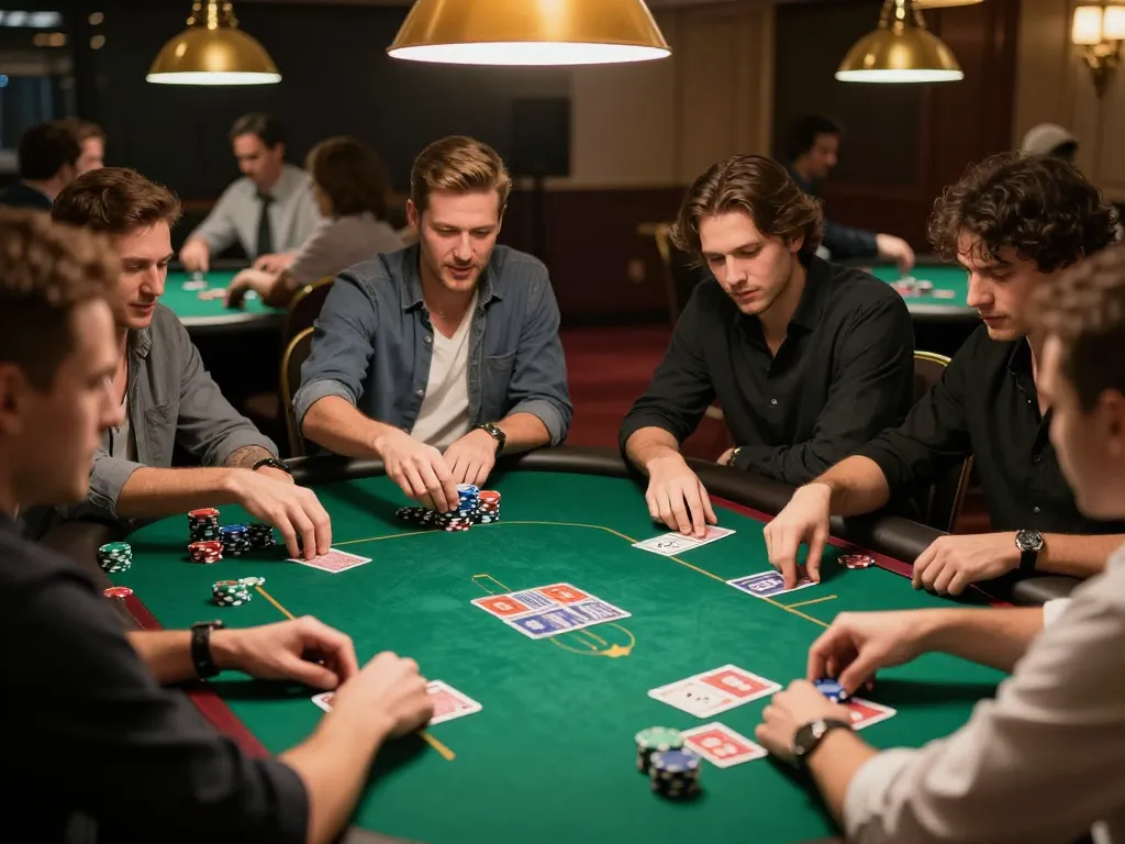 Players engage in a strategic poker game at GO88 casino table, showcasing excitement and focus.