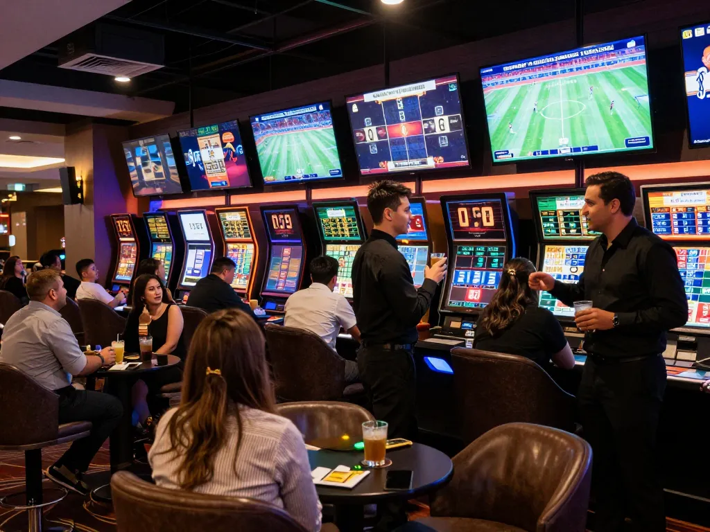 kuwin sports betting lounge vibe with enthusiastic patrons placing bets on live events.