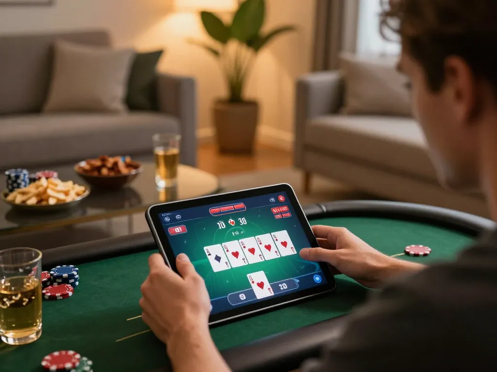 Engaging in strategic poker gameplay using 789BET app on tablet in cozy home setting