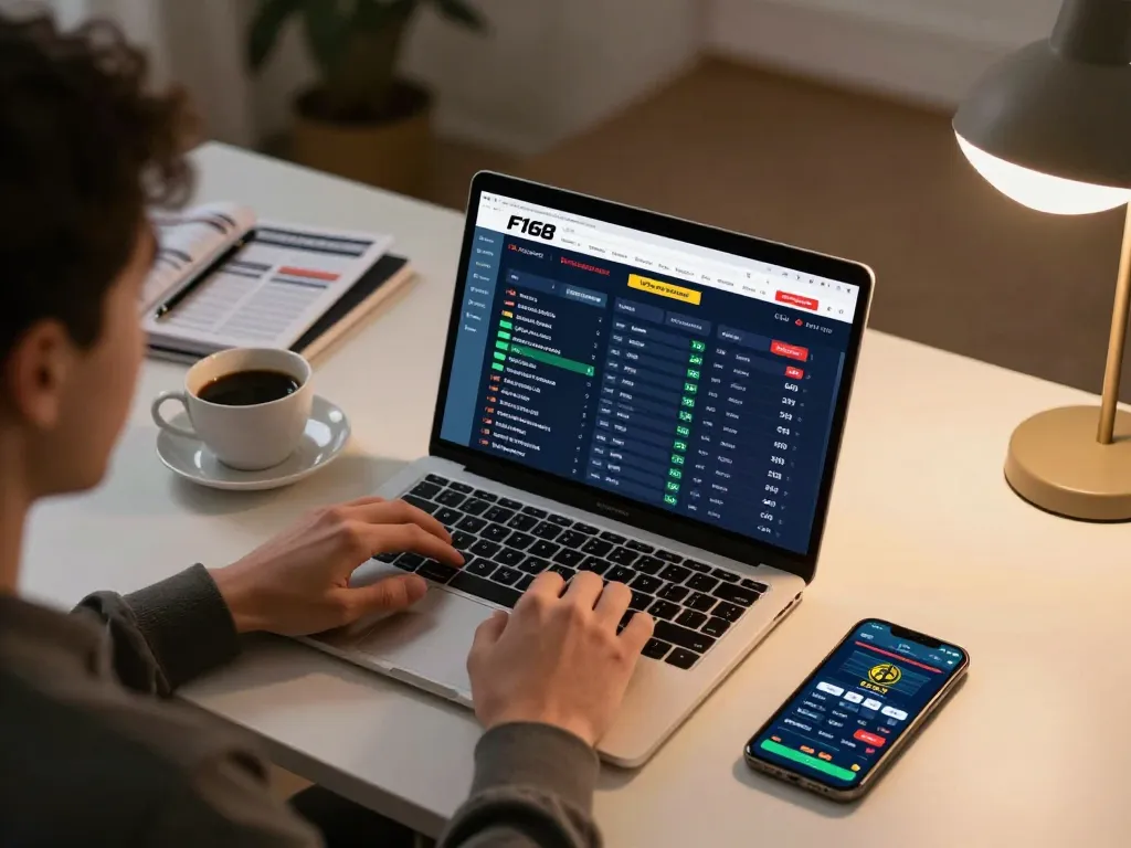 Engaging online gaming with F168's live betting interface, showcasing strategic decision-making in a cozy home setup