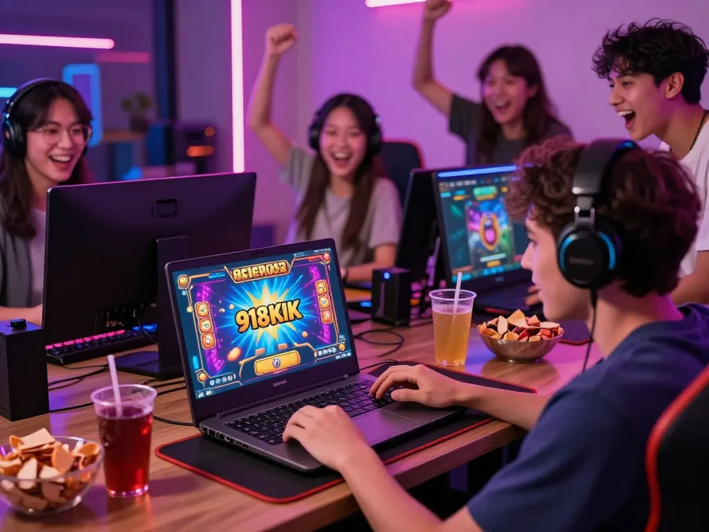 Exciting online gaming moment showcasing free credit 918kiss on a laptop in vibrant gaming room.