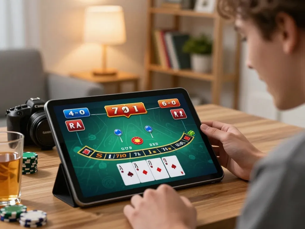 Pemain menang di blackjack di 88Pulsa sambil menikmati pengaturan permainan di rumah yang nyaman, tablet menyala.