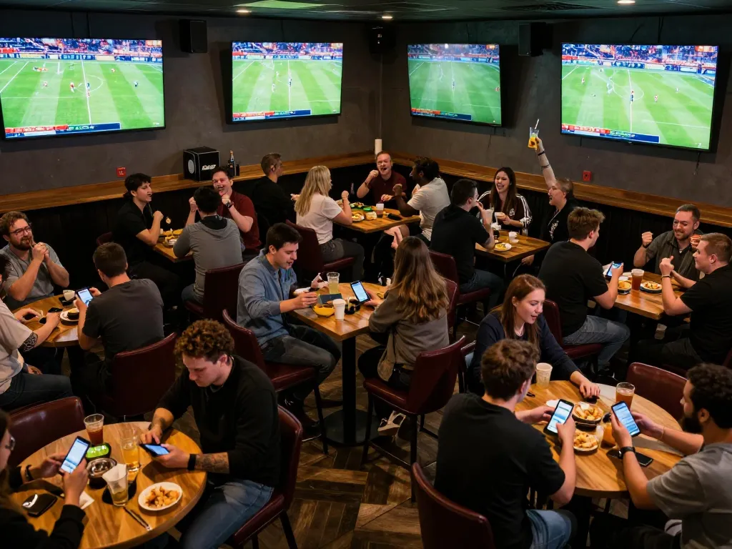 Soi kèo action with friends engaged in sports betting at a lively bar with big screens