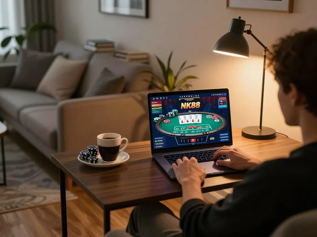 Player enjoying NK88 casino games on a laptop, showcasing online gambling strategy in a cozy home setting