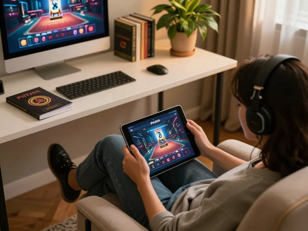 Engaged player using the PHTAYA app on a tablet for online gambling, highlighting responsible gaming practices