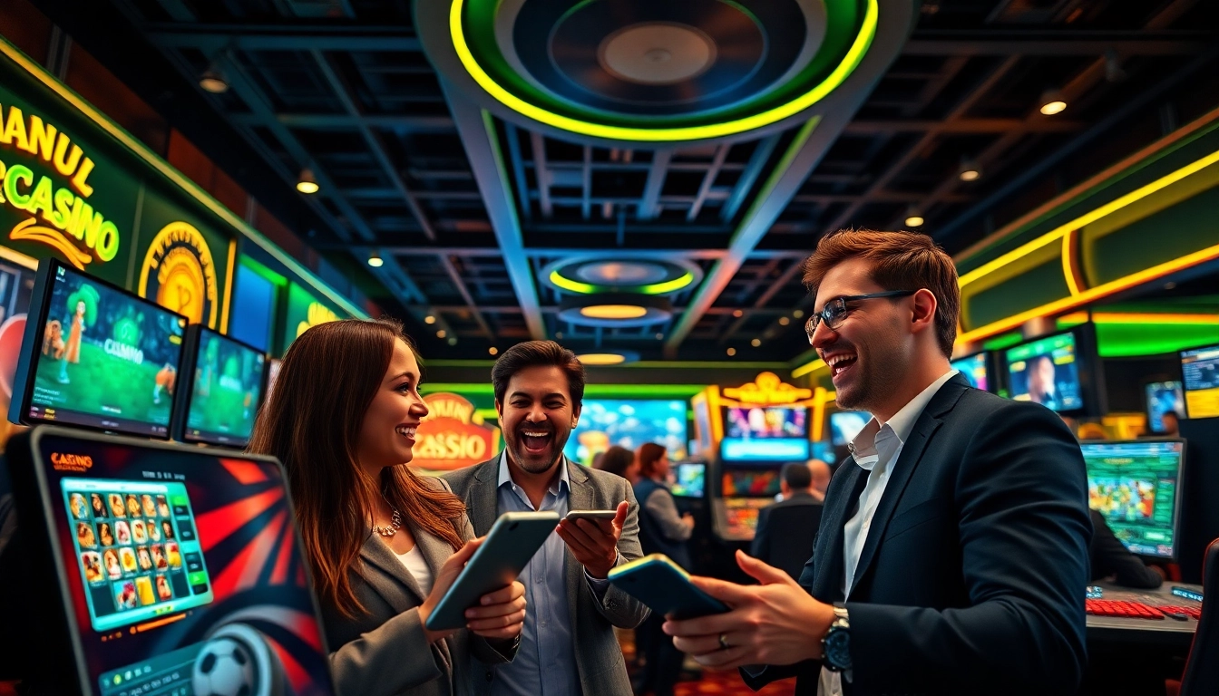 Spannende Spieler erleben casino online spiele in einem modernen virtuellen Casino mit leuchtenden Farben.