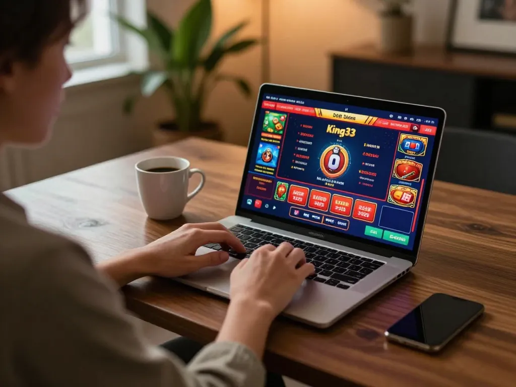 Engaged player strategizing on king33 online casino game interface during a cozy evening session