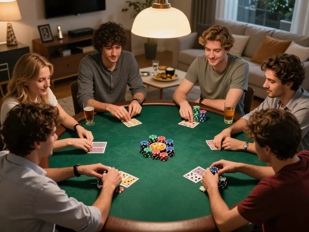 Bromo888 players enjoying a competitive poker night with snacks, drinks, and vibrant chips showcased.