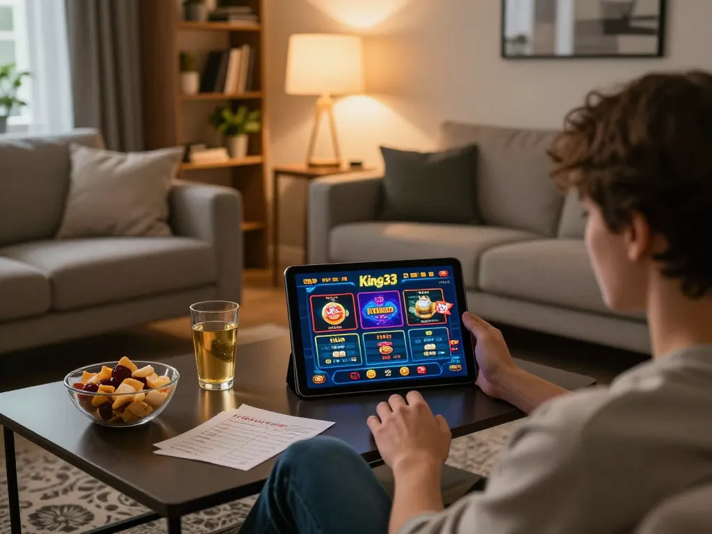 Enjoying king33 online gaming interface on a tablet while relaxing at home with snacks and warm lighting.