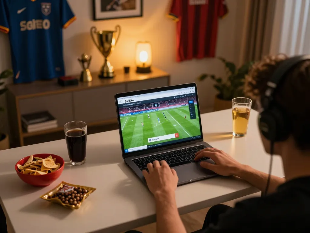 Soi Kèo sports betting analysis on a laptop during an engaging home game night.