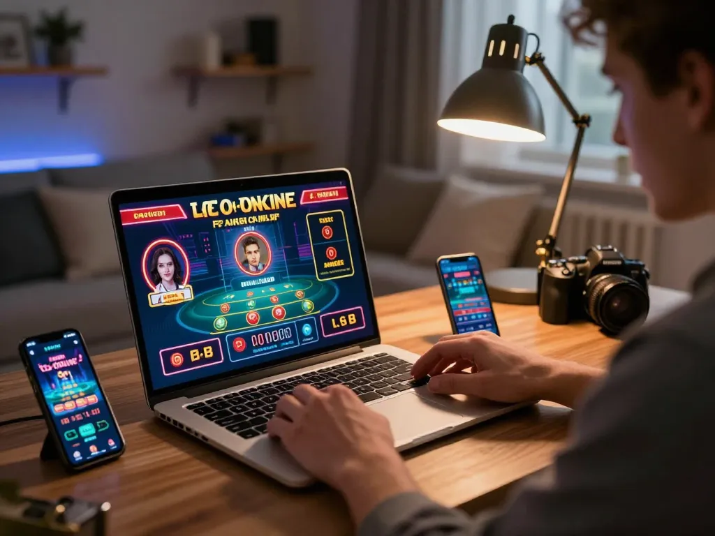 Engaging with the tle-online casino app, a player strategizes online betting in a stylish home setup.