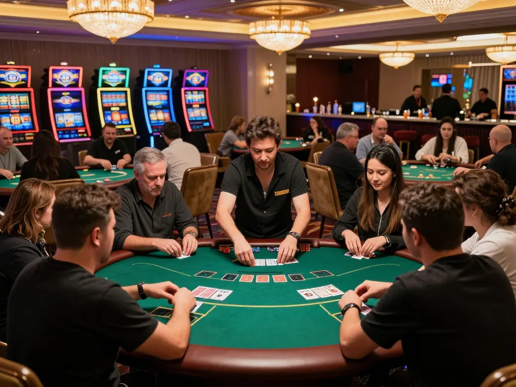 TG88 poker night with players strategizing and dealers managing bets in a vibrant casino environment.